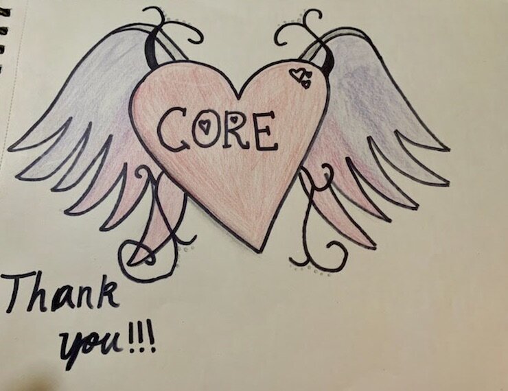 A drawing by Carrie's daughter thanking CORE and Giving Kitchen