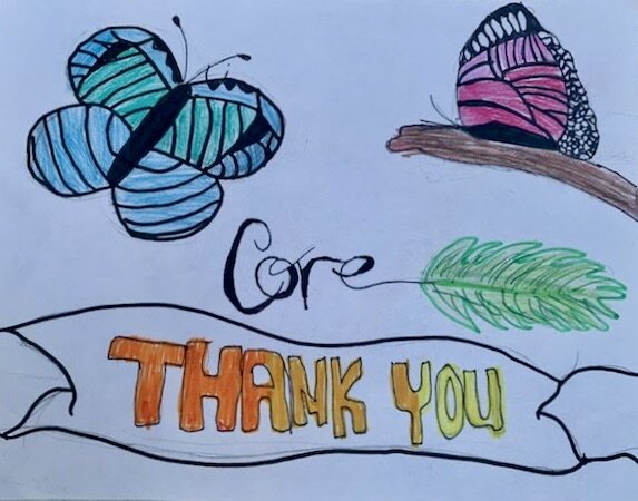 A drawing of butterflies Carrie's children made to thank Giving Kitchen and C.O.R.E.