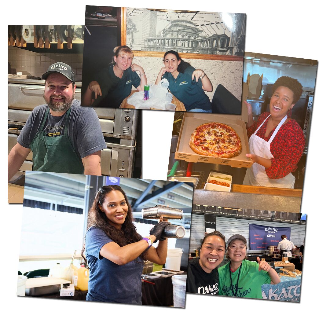 Collage of photos of food service workers over the years