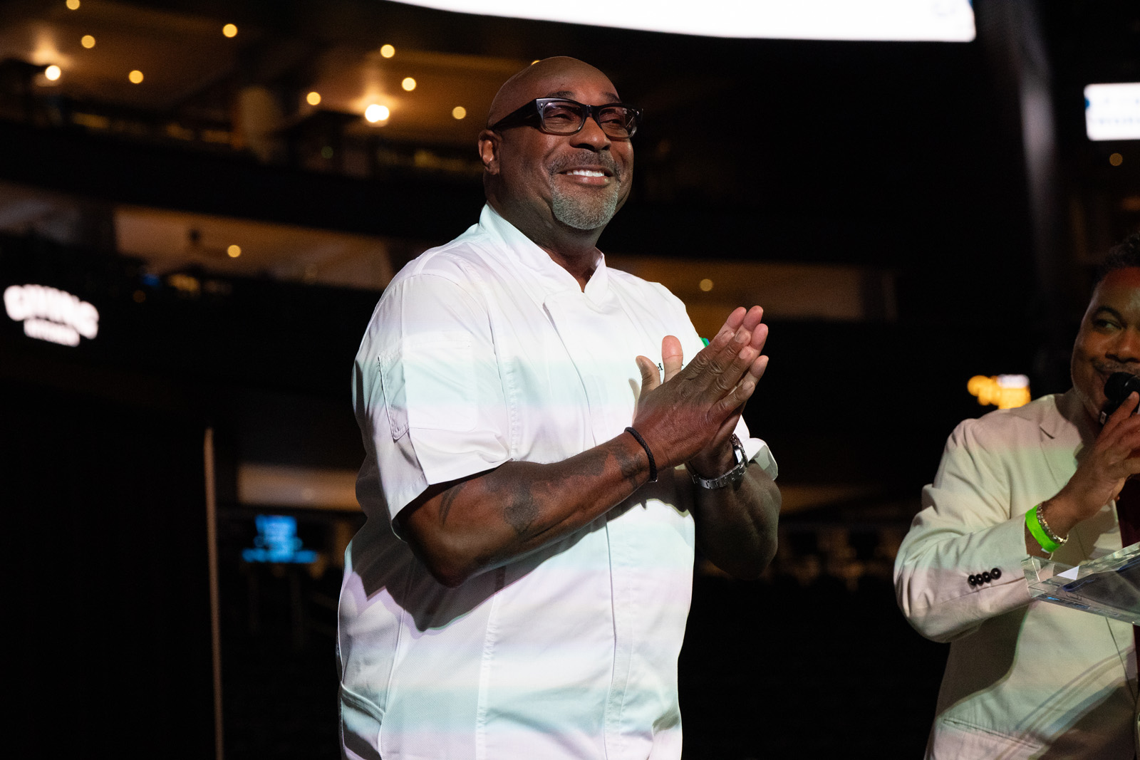 Chef G. Garvin on the floor of State Farm Arena during Atlanta Hawks Forkside Seats
