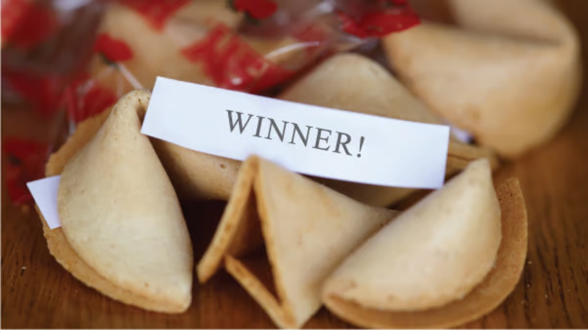 Fortune cookies arrayed on a table