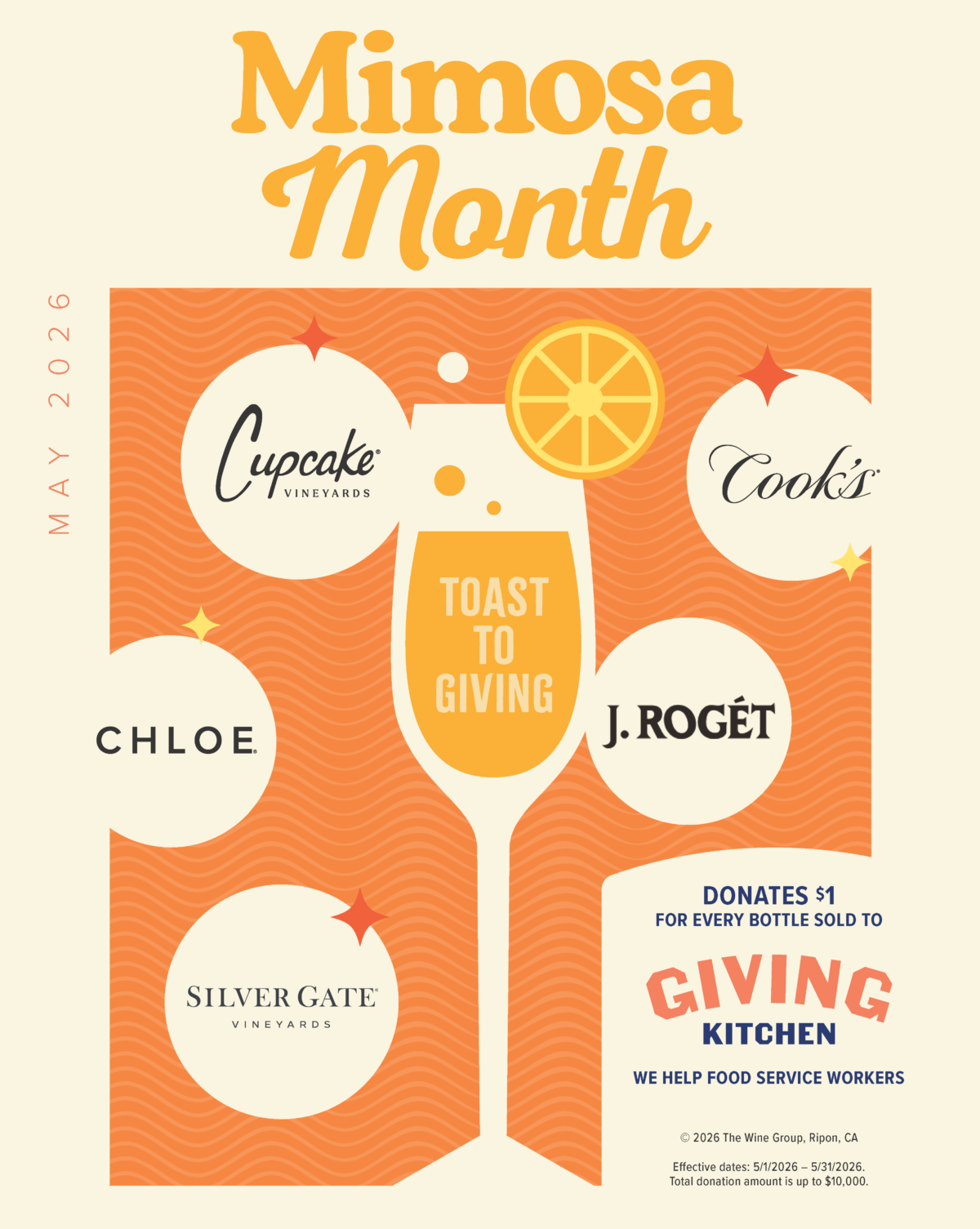 Mimosa Month: $1 from the sale of any sparkling wine distributed by The Wine Group will be donated to Giving Kitchen in May 2026