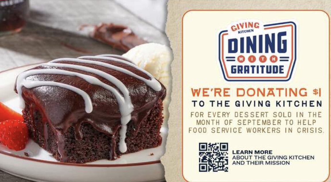 Flyer with a photo of a brownie promoting Cotton Patch Café's commitment to give $1 from every dessert sold to Giving Kitchen