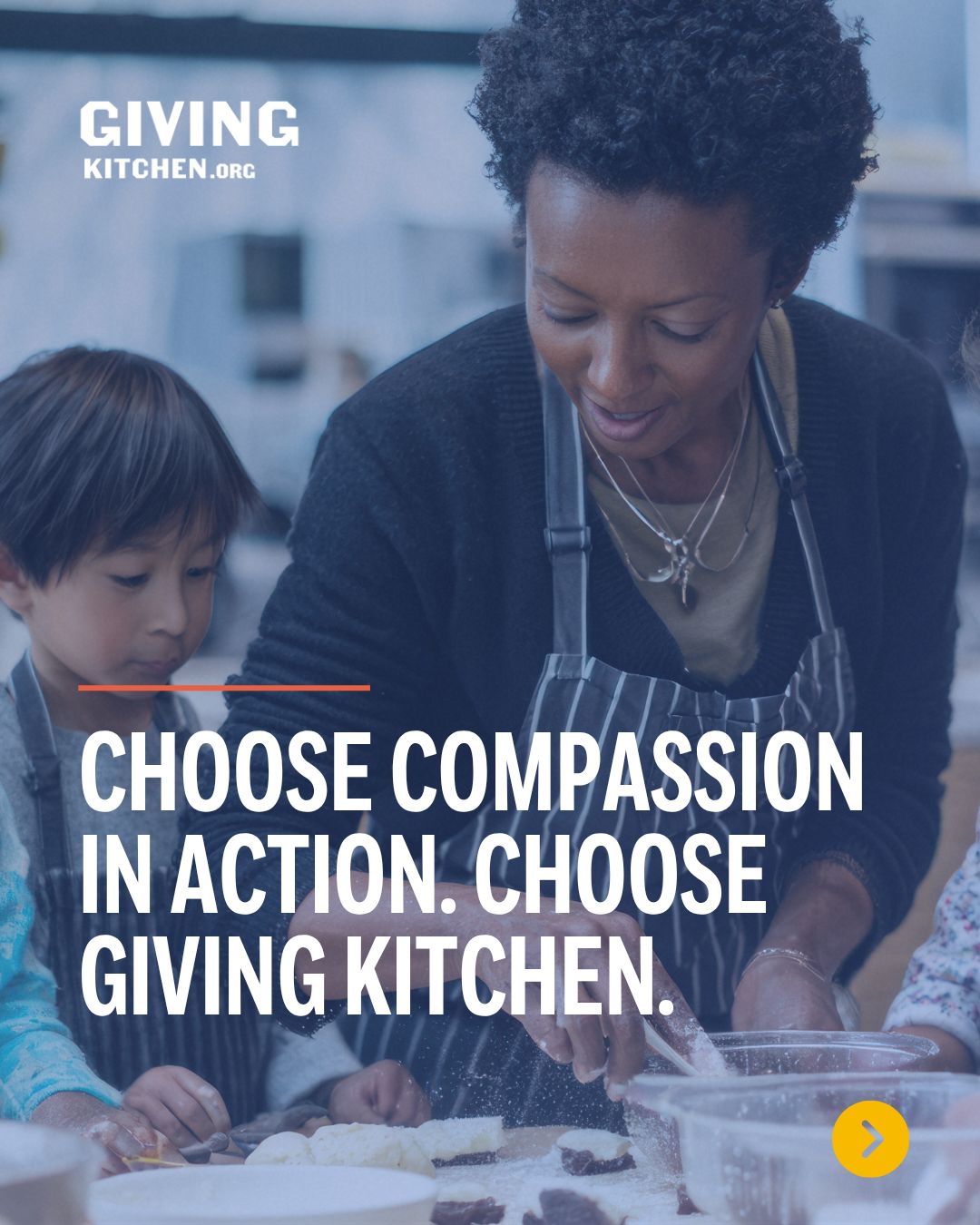 Example social media post image: A woman and child at a table with text overlaid that says "Choose compassion in action. Choose Giving Kitchen."