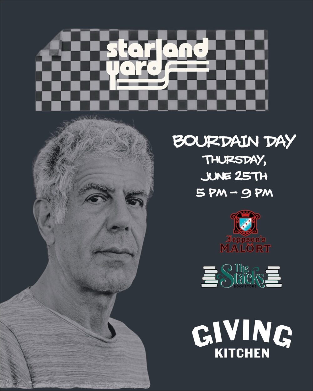 Flyer for the Bourdain Day celebration at Starland Yards in Savannah, GA