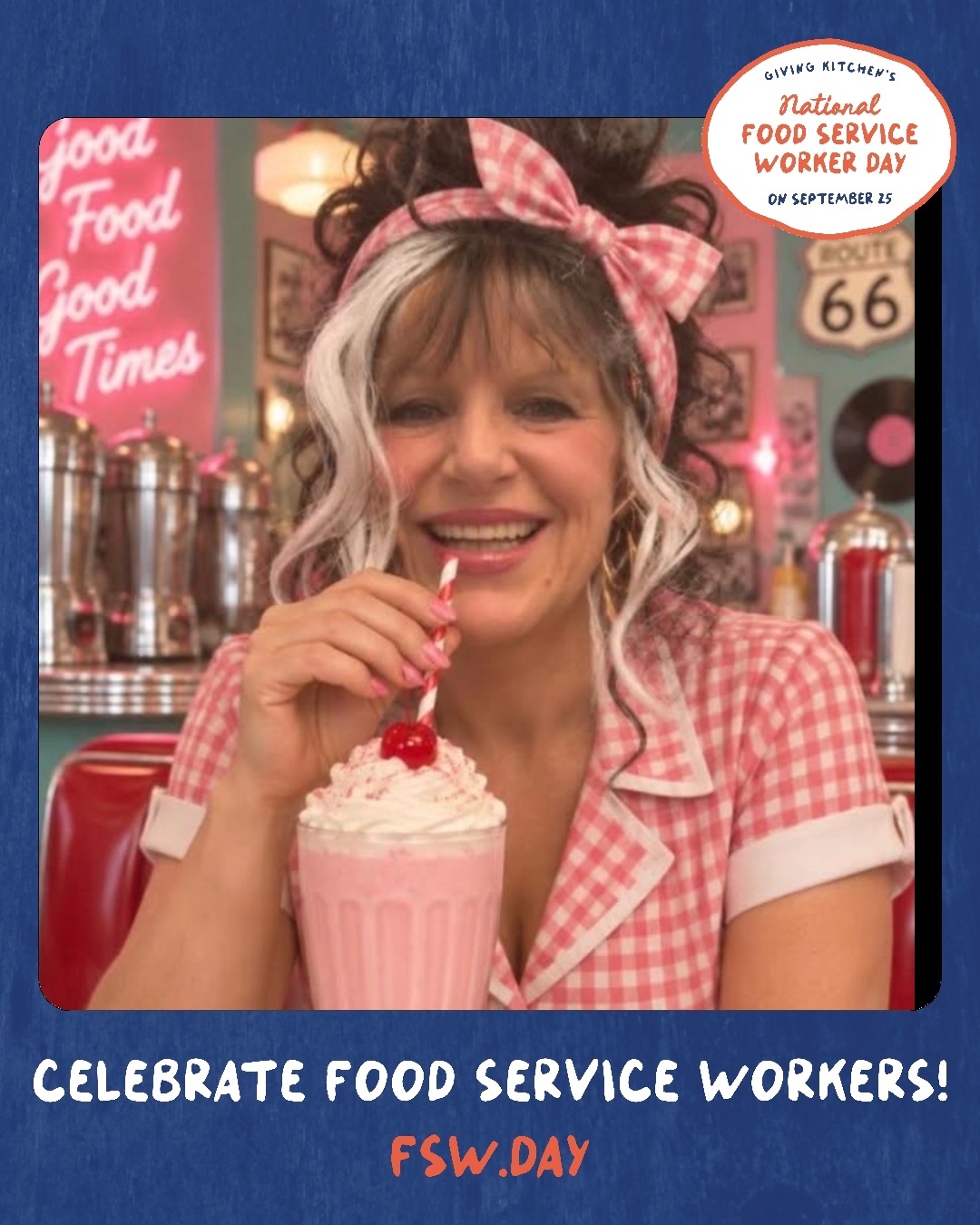 A woman in a pink polka dot outfit sips a milkshake